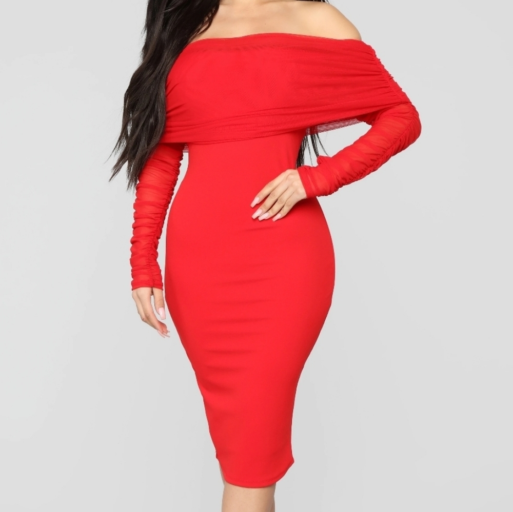 Midi off the should dress with mesh sleeves